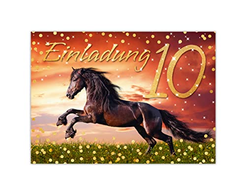 Junapack 12 Einladungskarten zum 10. Kindergeburtstag zehnte Geburtstag Mädchen Pferd braun von Junapack