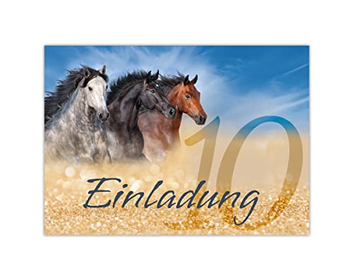Junapack 12 Einladungskarten zum 10. Kindergeburtstag zehnte Geburtstag Mädchen drei Pferde von Junapack