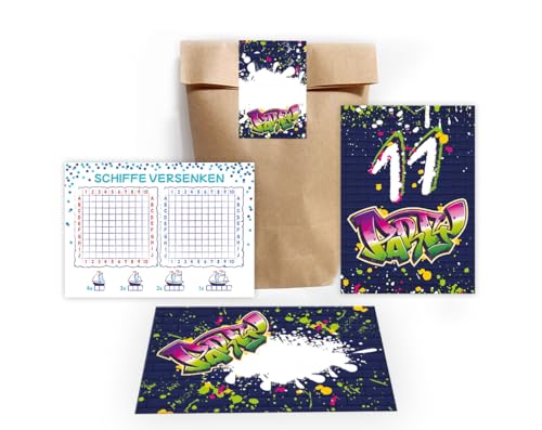 12 Einladungskarten zum 11. Kindergeburtstag Party Unisex Mädchen Kinder Jungs Jungen Boys Gastgeschenk inkl. 12 Umschläge, 12 Tüten, 12 Aufkleber, 12 Schiffe versenken Graffiti neon bunt von Junapack