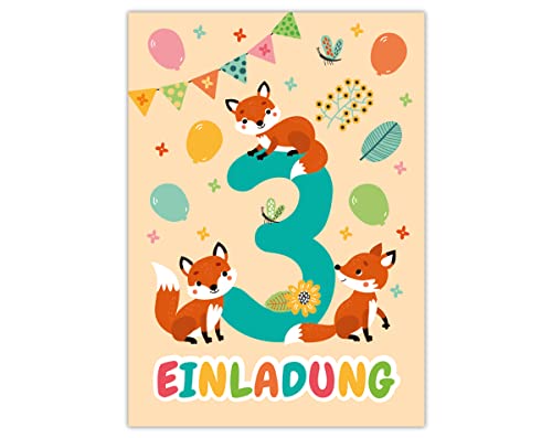 12 Einladungskarten zum 3. Kindergeburtstag dritte Geburtstag Mädchen Jungen Fuchs von Junapack