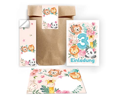 12 Einladungskarten zum 3. Kindergeburtstag dritte Geburtstag Tiere Mädchen Jungen Panda Löwe Tiger incl. 12 Umschläge, 12 Tüten/Natur, 12 Aufkleber von Junapack