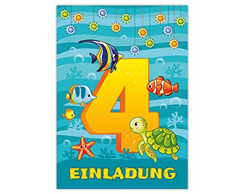 12 Einladungskarten zum 4. Kindergeburtstag vierte Geburtstag Jungen Mädchen Fische von Junapack