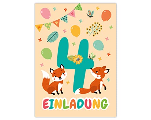 12 Einladungskarten zum 4. Kindergeburtstag vierte Geburtstag Mädchen Jungen Fuchs von Junapack