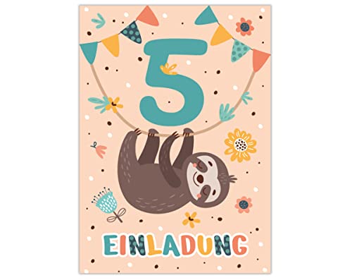 12 Einladungskarten zum 5. Kindergeburtstag Einladung zum fünften Geburtstag Mädchen Jungen Faultier von Junapack