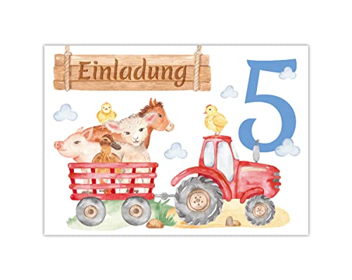 12 Einladungskarten zum 5. Kindergeburtstag Einladungen fünfte Geburtstag Mädchen Jungen Bauernhof von Junapack