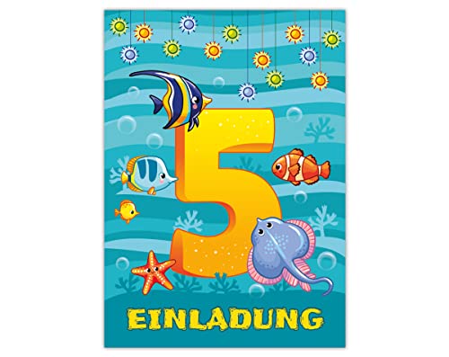 12 Einladungskarten zum 5. Kindergeburtstag fünfte Geburtstag Jungen Mädchen Fische von Junapack