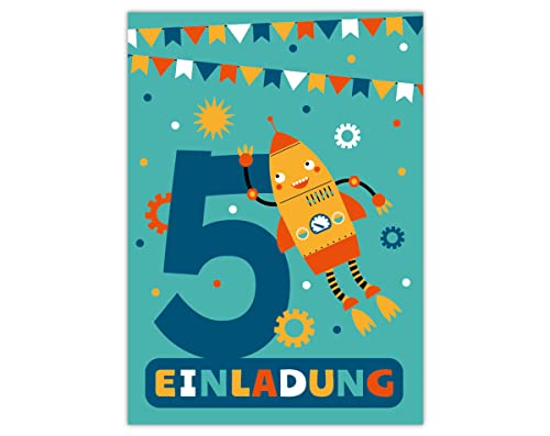 12 Einladungskarten zum 5. Kindergeburtstag fünfte Geburtstag Jungen Roboter von Junapack