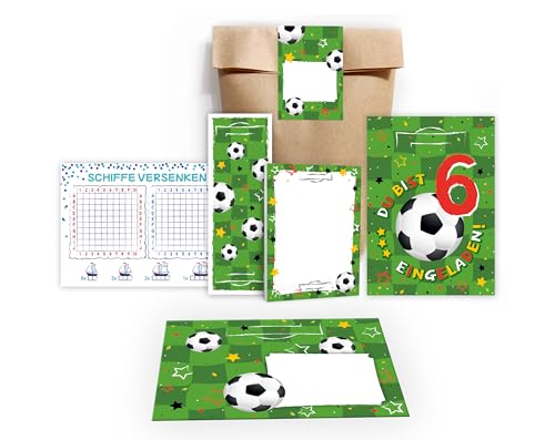 12 Einladungskarten zum 6. Geburtstag Einladung Kindergeburtstag Jungen Fussball Fußball incl. 12 Umschläge, 12 Tüten/natur, 12 Aufkleber, 12 Lesezeichen, 12 Blöcke, 12 Schiffe versenken von Junapack