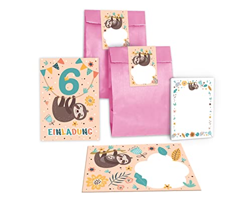 12 Einladungskarten zum 6. Kindergeburtstag Einladung zum sechsten Geburtstag Mädchen Jungen Faultier incl. 12 Umschläge, 12 Tüten/rosa, 12 Aufkleber, 12 Blöcke von Junapack