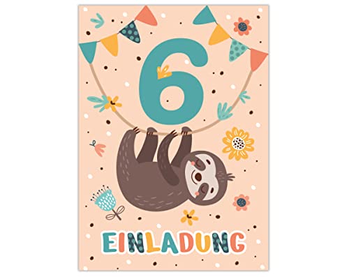 12 Einladungskarten zum 6. Kindergeburtstag Einladung zum sechsten Geburtstag Mädchen Jungen Faultier von Junapack