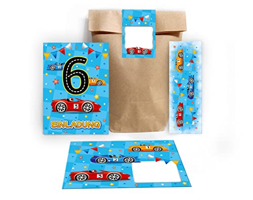 12 Einladungskarten zum 6. Kindergeburtstag sechste Geburtstag Jungen Rennauto incl. 12 Umschläge, 12 Tüten/Natur, 12 Aufkleber, 12 Lesezeichen von Junapack