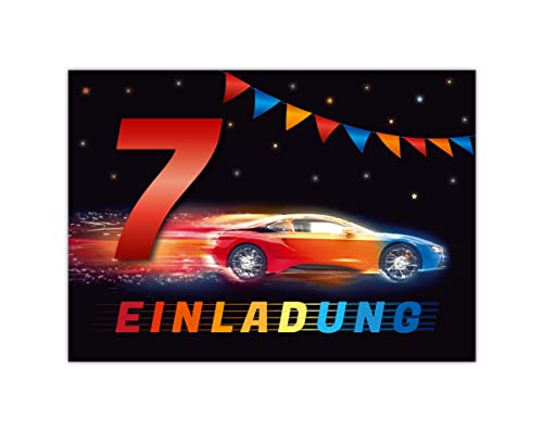 12 Einladungskarten zum 7. Kindergeburtstag Einladung zum siebten Geburtstag Jungen Rennauto Rennwagen von Junapack