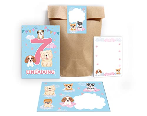 12 Einladungskarten zum 7. Kindergeburtstag Einladung zum siebten Geburtstag Mädchen Hunde incl. 12 Umschläge, 12 Tüten / Natur, 12 Aufkleber, 12 Blöcke von Junapack