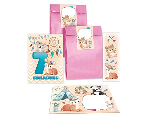 12 Einladungskarten zum 7. Kindergeburtstag Einladung zum siebten Geburtstag Mädchen Jungen Tiere Indianer Koala REH incl. 12 Umschläge, 12 Tüten / rosa, 12 Aufkleber, 12 Lesezeichen von Junapack