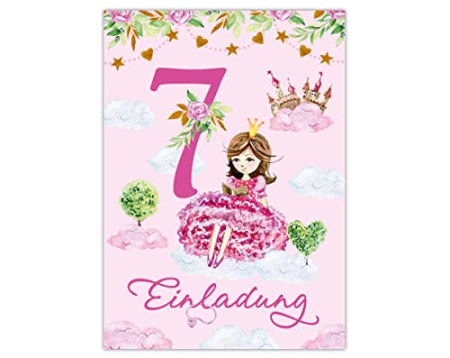 12 Einladungskarten zum 7. Kindergeburtstag Einladung zum siebten Geburtstag Mädchen Prinzessin mit Einhorn von Junapack