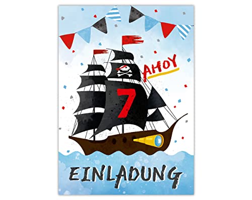 12 Einladungskarten zum 7. Kindergeburtstag siebte Geburtstag Jungen Mädchen Pirat Piraten-Party von Junapack