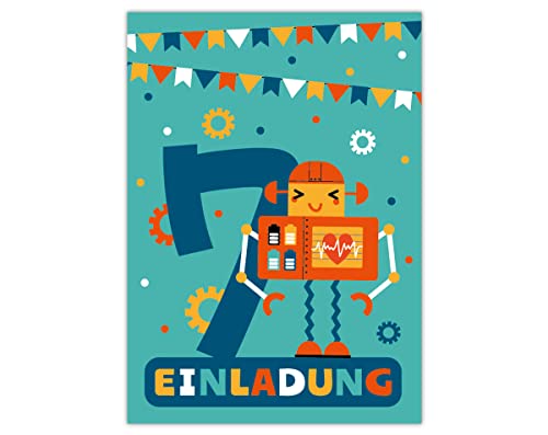12 Einladungskarten zum 7. Kindergeburtstag siebte Geburtstag Jungen Roboter von Junapack