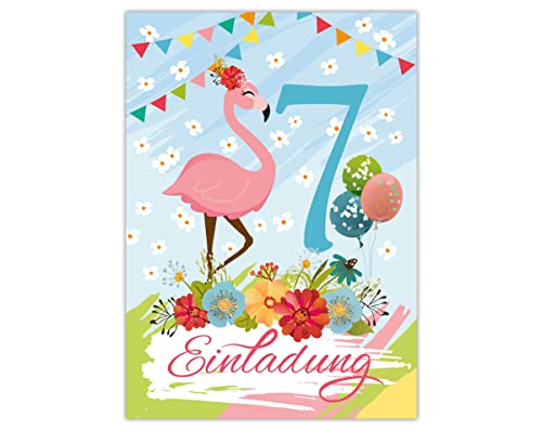 Junapack 12 Einladungskarten zum 7. Kindergeburtstag siebte Geburtstag Mädchen Flamingo von Junapack