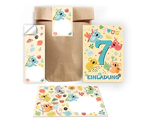 12 Einladungskarten zum 7. Kindergeburtstag siebte Geburtstag Mädchen Jungen Koala incl. 12 Umschläge, 12 Tüten/natur, 12 Aufkleber von Junapack