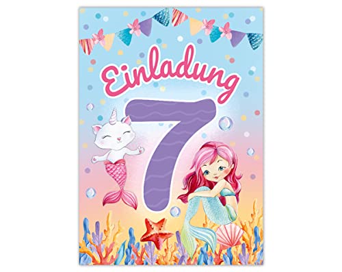 Junapack 12 Einladungskarten zum 7. Kindergeburtstag siebte Geburtstag Mädchen Meerjungfrau von Junapack