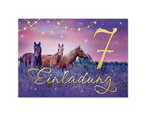 Junapack 12 Einladungskarten zum 7. Kindergeburtstag Pferd Motiv zum siebten Geburtstag für Mädchen Karte Einladung mit Pferde Fohlen lila Glitzer von Junapack
