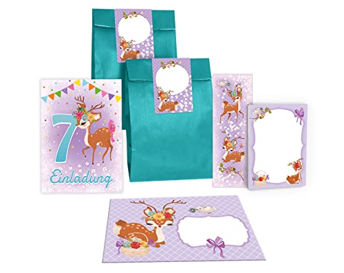 Junapack 12 Einladungskarten zum 7. Kindergeburtstag siebte Geburtstag Mädchen Reh incl. 12 Umschläge, 12 Tüten/petrol, 12 Aufkleber, 12 Lesezeichen, 12 Blöcke Junapack 12 Einladungskarten zum 7. Kindergeburtstag siebte Geburtstag Mädchen Reh incl. 12 Umschläge, 12 Tüten/petrol, 12 Aufkleber, 12 Lesezeichen, 12 Blöcke von Junapack