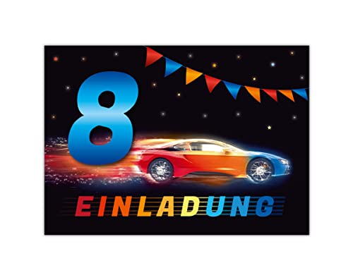 12 Einladungskarten zum 8. Kindergeburtstag Einladung zum achten Geburtstag Jungen Rennauto Rennwagen von Junapack