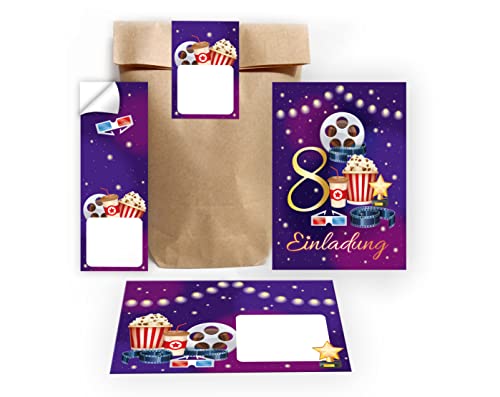 12 Einladungskarten zum 8. Kindergeburtstag Kino achte Geburtstag Mädchen Jungen Cinema Kino-Party incl. 12 Umschläge, 12 Tüten/natur, 12 Aufkleber 12 Einladungskarten zum 8. Kindergeburtstag Kino achte Geburtstag Mädchen Jungen Cinema Kino-Party incl. 12 Umschläge, 12 Tüten/natur, 12 Aufkleber von Junapack