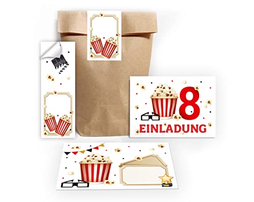 12 Einladungskarten zum 8. Kindergeburtstag Kino achte Geburtstag Mädchen Jungen Kino-Party Cinema incl. 12 Umschläge, 12 Tüten/natur, 12 Aufkleber von Junapack