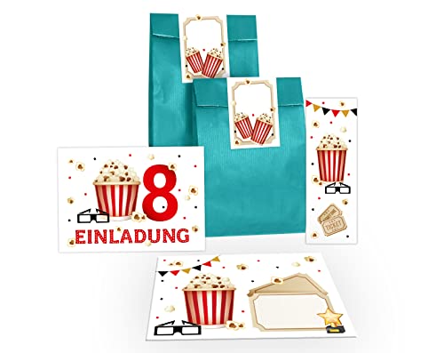 12 Einladungskarten zum 8. Kindergeburtstag Kino achte Geburtstag Mädchen Jungen Kino-Party Cinema incl. 12 Umschläge, 12 Tüten/petrol, 12 Aufkleber, 12 Lesezeichen von Junapack