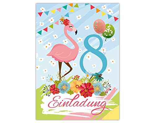 Junapack 12 Einladungskarten zum 8. Kindergeburtstag achte Geburtstag Mädchen Flamingo von Junapack