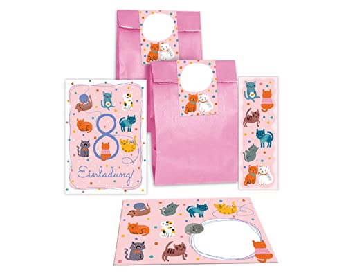 12 Einladungskarten zum 8. Kindergeburtstag achte Geburtstag Mädchen Jungen Katzen Katze incl. 12 Umschläge, 12 Tüten/rosa, 12 Aufkleber, 12 Lesezeichen von Junapack