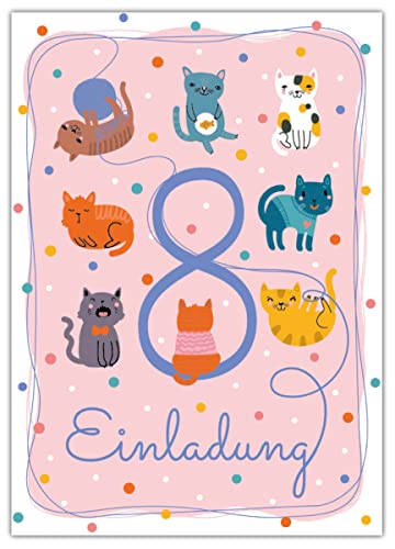 12 Einladungskarten zum 8. Kindergeburtstag achte Geburtstag Mädchen Jungen Katzen Katze von Junapack
