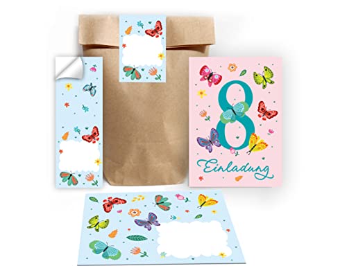 Junapack 12 Einladungskarten zum 8. Kindergeburtstag achte Geburtstag Mädchen Schmetterlinge incl. 12 Umschläge, 12 Tüten/natur, 12 Aufkleber Junapack 12 Einladungskarten zum 8. Kindergeburtstag achte Geburtstag Mädchen Schmetterlinge incl. 12 Umschläge, 12 Tüten/natur, 12 Aufkleber von Junapack