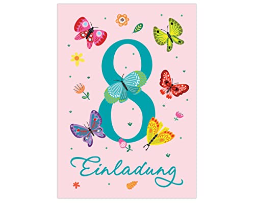 12 Einladungskarten zum 8. Kindergeburtstag achte Geburtstag Mädchen Schmetterlinge von Junapack
