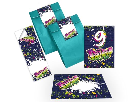 12 Einladungskarten zum 9. Kindergeburtstag Party Einladung Set Geburtstag Mädchen Kinder Jungen Boys Geschenktüte inkl. 12 Umschläge, 12 Tüten, 12 Aufkleber Graffiti Jugendstill modern bunt neon 12 Einladungskarten zum 9. Kindergeburtstag Party Einladung Set Geburtstag Mädchen Kinder Jungen Boys Geschenktüte inkl. 12 Umschläge, 12 Tüten, 12 Aufkleber Graffiti Jugendstill modern bunt neon von Junapack