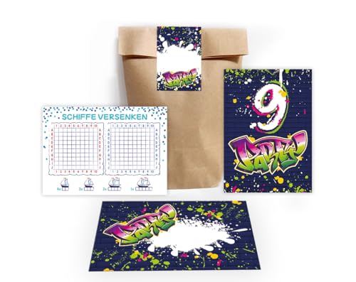 12 Einladungskarten zum 9. Kindergeburtstag Party Unisex Mädchen Kinder Jungs Jungen Boys Gastgeschenk inkl. 12 Umschläge, 12 Tüten, 12 Aufkleber, 12 Schiffe versenken Graffiti neon bunt von Junapack