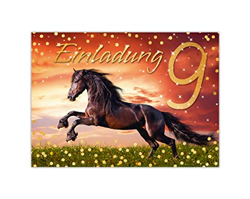 Junapack 12 Einladungskarten zum 9. Kindergeburtstag neunte Geburtstag Mädchen Pferd braun von Junapack