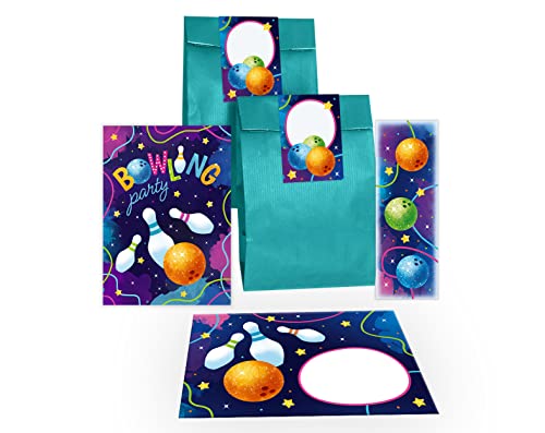 12 Einladungskarten zum Kindergeburtstag Bowling Bowling-Party Einladungen für Geburtstag Mädchen Jungen incl. 12 Umschläge, 12 Tüten/petrol, 12 Aufkleber, 12 Lesezeichen von Junapack