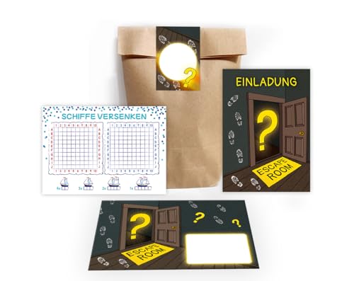 12 Einladungskarten zum Kindergeburtstag Einladung Geburtstag Mädchen Jungen Escape Room incl. 12 Umschläge, 12 Tüten/natur, 12 Aufkleber, 12 Schiffe versenken 12 Einladungskarten zum Kindergeburtstag Einladung Geburtstag Mädchen Jungen Escape Room incl. 12 Umschläge, 12 Tüten/natur, 12 Aufkleber, 12 Schiffe versenken von Junapack