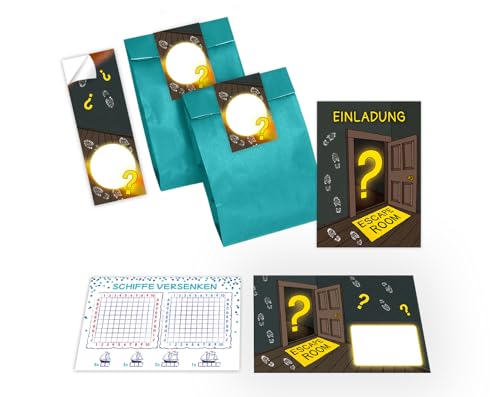 12 Einladungskarten zum Kindergeburtstag Einladung Geburtstag Mädchen Jungen Escape Room incl. 12 Umschläge, 12 Tüten/petrol, 12 Aufkleber, 12 Schiffe versenken von Junapack