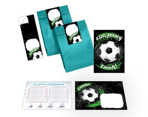 12 Einladungskarten zum Kindergeburtstag Einladung Geburtstag Mädchen Jungen Fussball Fußball incl. 12 Umschläge, 12 Tüten/petrol, 12 Aufkleber, 12 Schiffe versenken von Junapack