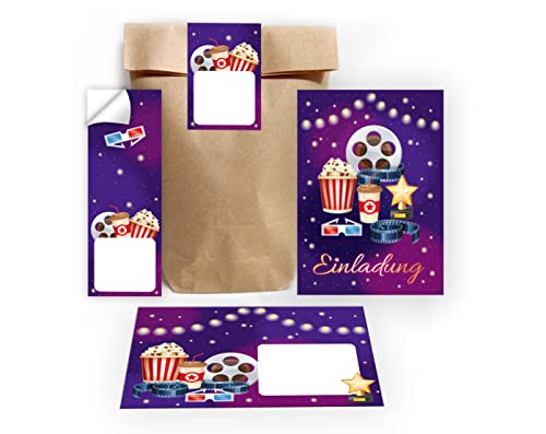 12 Einladungskarten zum Kindergeburtstag Kino Einladungen für Geburtstag Mädchen Jungen Cinema Kino-Party incl. 12 Umschläge, 12 Tüten/natur, 12 Aufkleber von Junapack