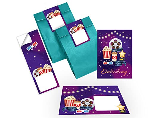 12 Einladungskarten zum Kindergeburtstag Kino Einladungen für Geburtstag Mädchen Jungen Cinema Kino-Party incl. 12 Umschläge, 12 Tüten/petrol, 12 Aufkleber von Junapack