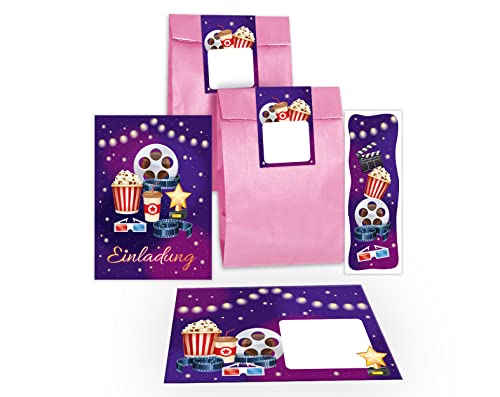 12 Einladungskarten zum Kindergeburtstag Kino Einladungen für Geburtstag Mädchen Jungen Cinema Kino-Party incl. 12 Umschläge, 12 Tüten/rosa, 12 Aufkleber, 12 Lesezeichen von Junapack