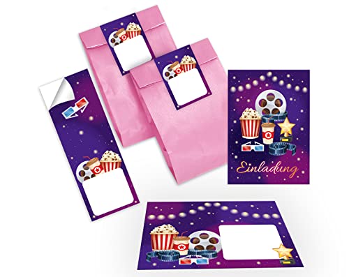 12 Einladungskarten zum Kindergeburtstag Kino Einladungen für Geburtstag Mädchen Jungen Cinema Kino-Party incl. 12 Umschläge, 12 Tüten/rosa, 12 Aufkleber von Junapack