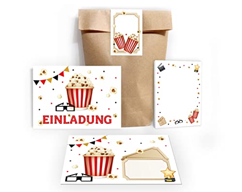 12 Einladungskarten zum Kindergeburtstag Kino Einladungen für Geburtstag Mädchen Jungen Kino-Party Cinema incl. 12 Umschläge, 12 Tüten/natur, 12 Aufkleber, 12 Blöcke von Junapack