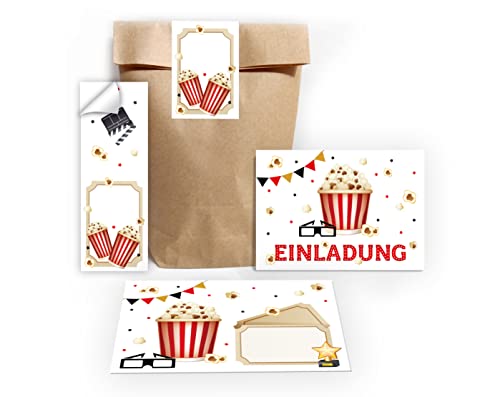 12 Einladungskarten zum Kindergeburtstag Kino Einladungen für Geburtstag Mädchen Jungen Kino-Party Cinema incl. 12 Umschläge, 12 Tüten/natur, 12 Aufkleber von Junapack