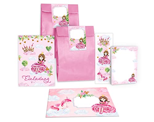 12 Einladungskarten zum Kindergeburtstag Mädchen Prinzessin mit Einhorn incl. 12 Umschläge, 12 Tüten / rosa, 12 Aufkleber, 12 Lesezeichen, 12 Blöcke von Junapack