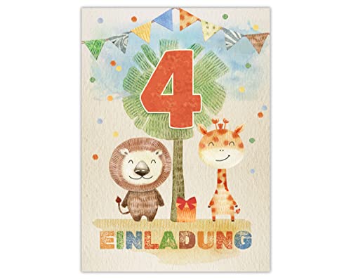 12 Einladungskarten zum vierten Geburtstag 4. Kindergeburtstag für Mädchen Jungen Tiere von Junapack